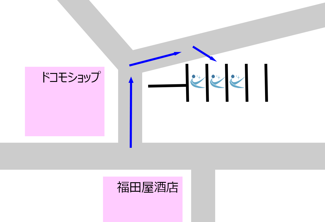 スタジオ専用駐車場の配置図。全5台のうち、指定の3台分の駐車位置を詳しく図解しています。